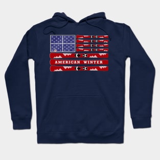 American Winter - skis and snowflakes USA flag - navy background Hoodie